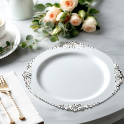 20-Pack Economy Plastic Charger Plates 13" Round White with Silver Embossed Baroque Rim - Stylish Dinner Party Serving Plates