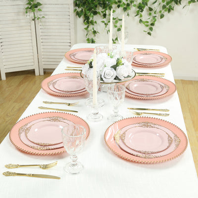 10-Pack Economy Plastic Charger Plates 13" Round Dusty Rose with Gold Beaded Rim - Stylish Dinner Party Serving Plates