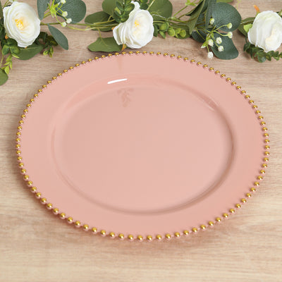 10-Pack Economy Plastic Charger Plates 13" Round Dusty Rose with Gold Beaded Rim - Stylish Dinner Party Serving Plates