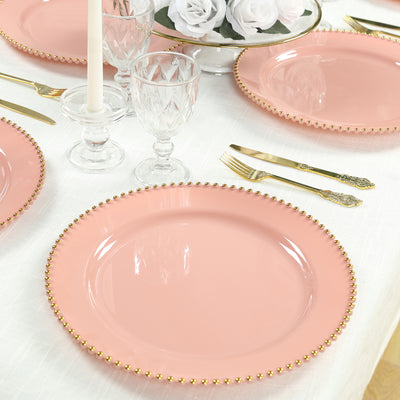 10-Pack Economy Plastic Charger Plates 13" Round Dusty Rose with Gold Beaded Rim - Stylish Dinner Party Serving Plates