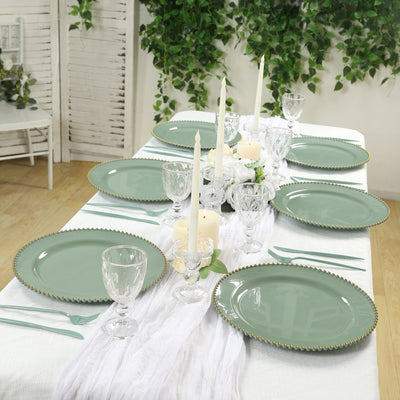 10-Pack Economy Plastic Charger Plates 13" Round Dusty Sage Green with Gold Beaded Rim - Stylish Dinner Party Serving Plates