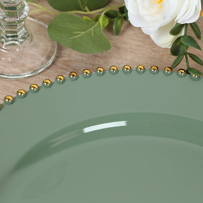 10-Pack Economy Plastic Charger Plates 13" Round Dusty Sage Green with Gold Beaded Rim - Stylish Dinner Party Serving Plates