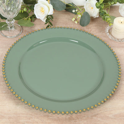 10-Pack Economy Plastic Charger Plates 13" Round Dusty Sage Green with Gold Beaded Rim - Stylish Dinner Party Serving Plates