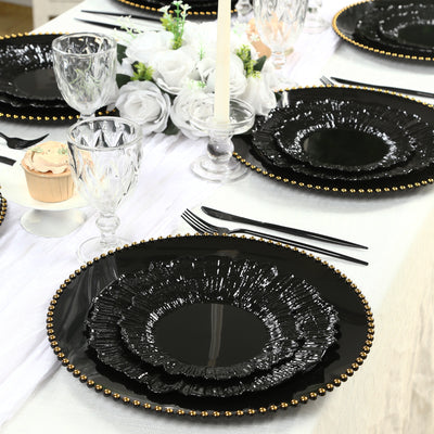 10-Pack Economy Plastic Charger Plates 13" Round Black with Gold Beaded Rim - Stylish Dinner Party Serving Plates