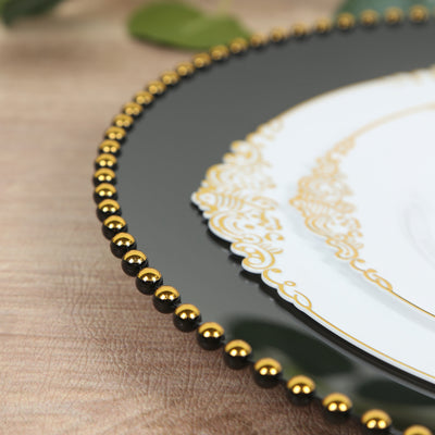 10-Pack Economy Plastic Charger Plates 13" Round Black with Gold Beaded Rim - Stylish Dinner Party Serving Plates