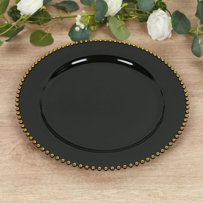 10-Pack Economy Plastic Charger Plates 13" Round Black with Gold Beaded Rim - Stylish Dinner Party Serving Plates