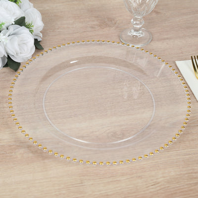 10-Pack Economy Plastic Charger Plates 13" Round Clear with Gold Beaded Rim - Stylish Dinner Party Serving Plates