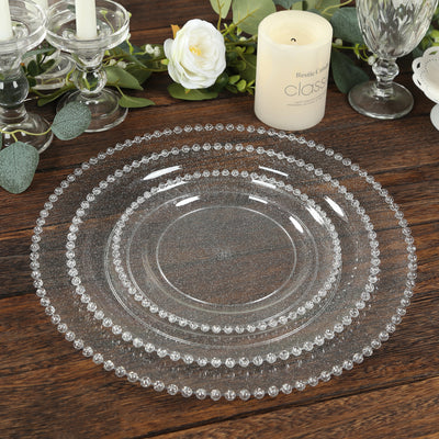 10-Pack Economy Plastic Charger Plates 13" Round Clear/Silver Glitter with Beaded Rim - Stylish Dinner Party Serving Plates
