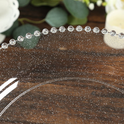 10-Pack Economy Plastic Charger Plates 13" Round Clear/Silver Glitter with Beaded Rim - Stylish Dinner Party Serving Plates