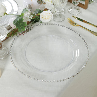 10-Pack Economy Plastic Charger Plates 13" Round Clear with Silver Beaded Rim - Stylish Dinner Party Serving Plates