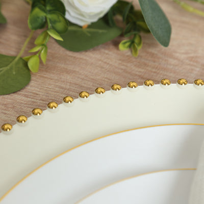 10-Pack Economy Plastic Charger Plates 13" Round Ivory with Gold Beaded Rim - Stylish Dinner Party Serving Plates