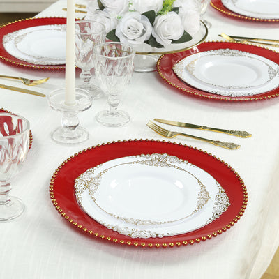 10-Pack Economy Plastic Charger Plates 13" Round Red with Gold Beaded Rim - Stylish Dinner Party Serving Plates