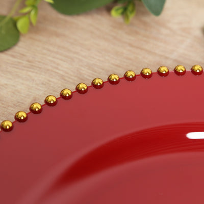10-Pack Economy Plastic Charger Plates 13" Round Red with Gold Beaded Rim - Stylish Dinner Party Serving Plates