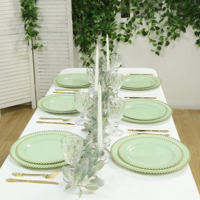 10-Pack Economy Plastic Charger Plates 13" Round Sage Green with Gold Beaded Rim - Stylish Dinner Party Serving Plates