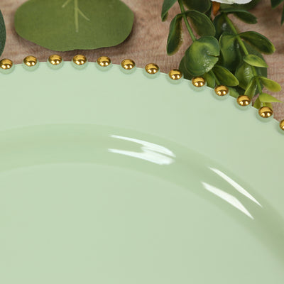 10-Pack Economy Plastic Charger Plates 13" Round Sage Green with Gold Beaded Rim - Stylish Dinner Party Serving Plates