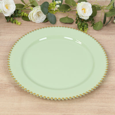 10-Pack Economy Plastic Charger Plates 13" Round Sage Green with Gold Beaded Rim - Stylish Dinner Party Serving Plates