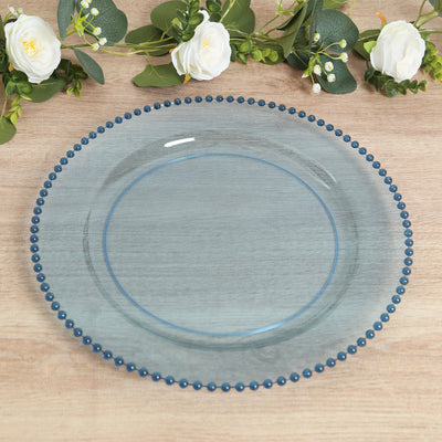 10-Pack Economy Plastic Charger Plates 13" Round Transparent Dusty Blue with Beaded Rim - Stylish Dinner Party Serving Plates