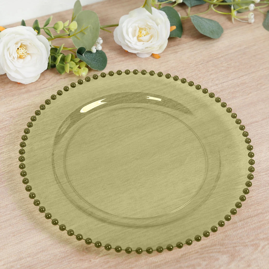 10-Pack Economy Plastic Charger Plates 13inch Round Transparent Dusty Sage Green with Beaded Rim