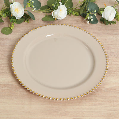 10-Pack Economy Plastic Charger Plates 13" Round Taupe with Gold Beaded Rim - Stylish Dinner Party Serving Plates