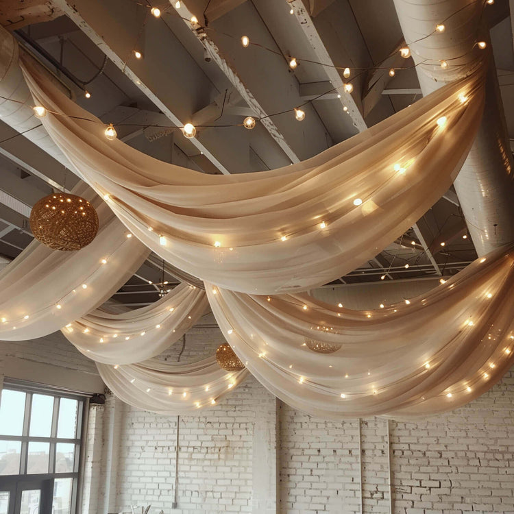 5ftx32ft Natural Chiffon Ceiling Drapery, Durable Flame Resistant Long Curtain Backdrop Panel