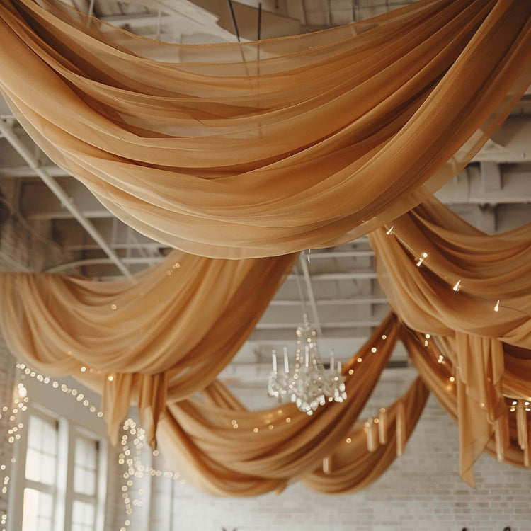 5ftx32ft Gold Chiffon Ceiling Drapery, Durable Flame Resistant Long Curtain Backdrop Panel