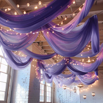 Premium Purple Chiffon Ceiling Drapery, Durable Flame Resistant Long Curtain Backdrop Panel With Rod Pocket 5ftx32ft