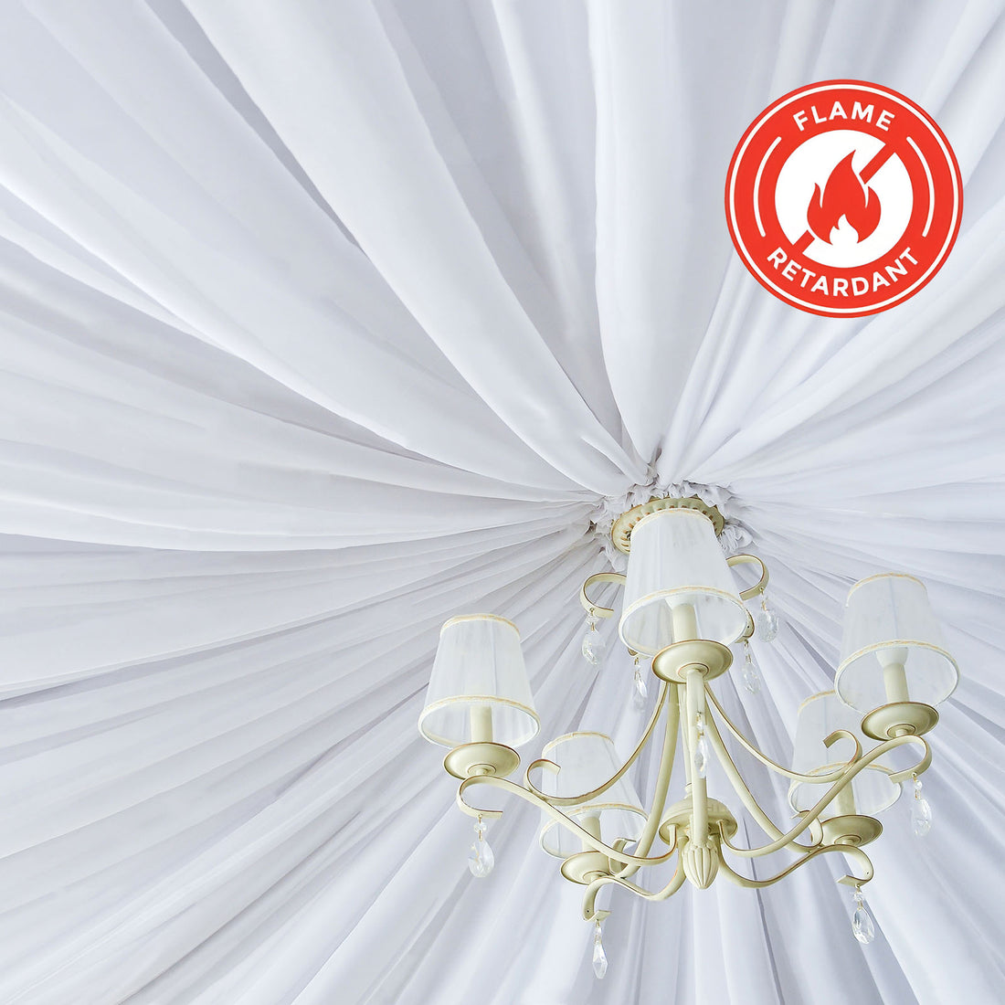 White Polyester Ceiling Draping Backdrop Curtains Fire Retardant with Rod Pockets 5 Feet x 40 Feet