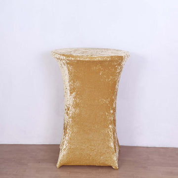 Champagne Crushed Velvet Stretch Fitted Round Highboy Cocktail Table Cover