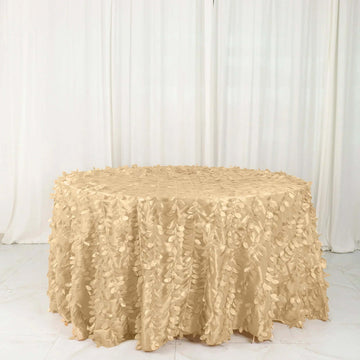 Champagne Leaf Petal Taffeta Seamless Round Tablecloth 132" for 6 Foot Table With Floor-Length Drop