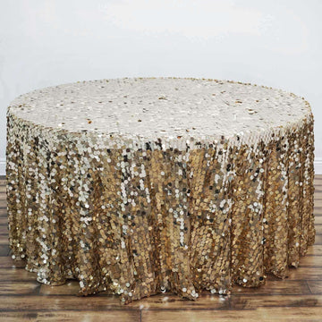 Champagne Seamless Big Payette Sequin Round Tablecloth Premium Collection 120" for 5 Foot Table With Floor-Length Drop