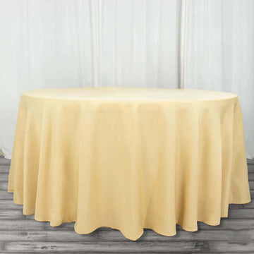 Champagne Seamless Premium Polyester Round Tablecloth 220GSM 120" for 5 Foot Table With Floor-Length Drop