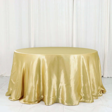 Champagne Seamless Satin Round Tablecloth 132" for 6 Foot Table With Floor-Length Drop