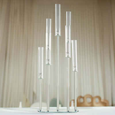 7-Arm Crystal Cluster Candelabra with Hurricane Shades 47" Clear - Stunning Wedding Aisle Table Centerpiece