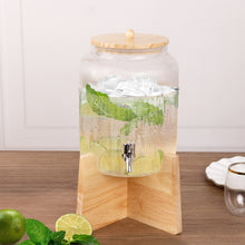 1 Gallon Clear Ribbed Glass Beverage Dispenser with Wooden Stand and Lid