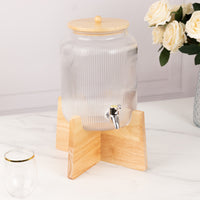 1 Gallon Clear Ribbed Glass Beverage Dispenser with Wooden Stand and Lid, Countertop Round Juice Jar Drink Dispenser with Stainless Steel Spigot - 14"