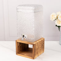 2 Gallon Clear Hammered Glass Beverage Dispenser with Wooden Stand, Countertop Rectangular Juice Jar Drink Dispenser with Lid and Stainless Steel Spigot - 19"