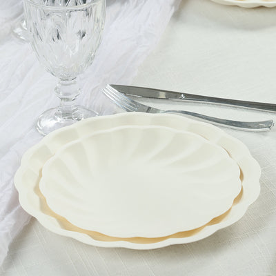 20 Pack Compostable Dessert Plates – 7" Cream Swirl Scalloped Pastel Color Salad Plates, Biodegradable Bamboo Tableware