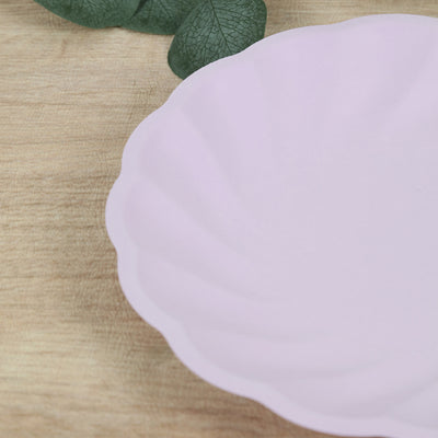 20 Pack Compostable Dinner Plates – 9" Lavender Lilac Swirl Scalloped Pastel Color Party Plates, Biodegradable Bamboo Tableware