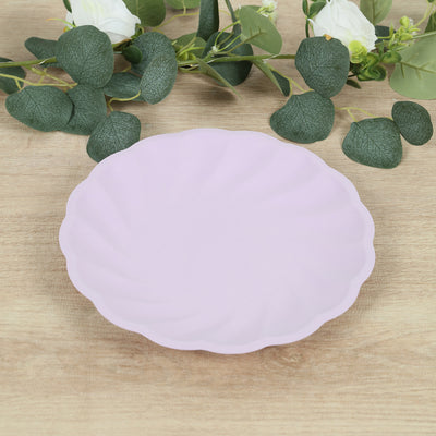 20 Pack Compostable Dinner Plates – 9" Lavender Lilac Swirl Scalloped Pastel Color Party Plates, Biodegradable Bamboo Tableware