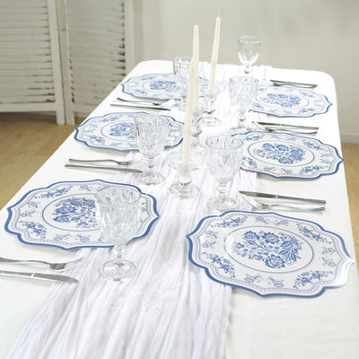 10-Pack Disposable Table Placemats 13" White with Blue Damask Floral Pattern & Scalloped Rim - 400GSM Cardboard Placemats for Classy Events