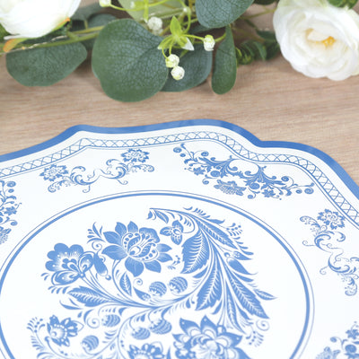 10-Pack Disposable Table Placemats 13" White with Blue Damask Floral Pattern & Scalloped Rim - 400GSM Cardboard Placemats for Classy Events