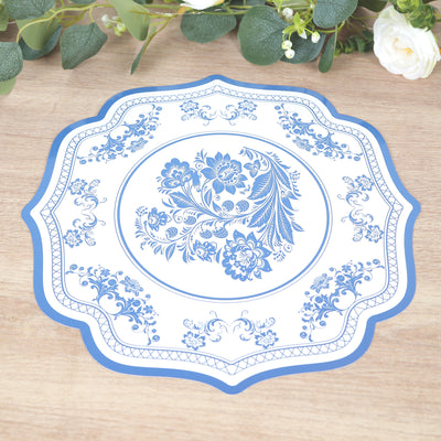 10-Pack Disposable Table Placemats 13" White with Blue Damask Floral Pattern & Scalloped Rim - 400GSM Cardboard Placemats for Classy Events