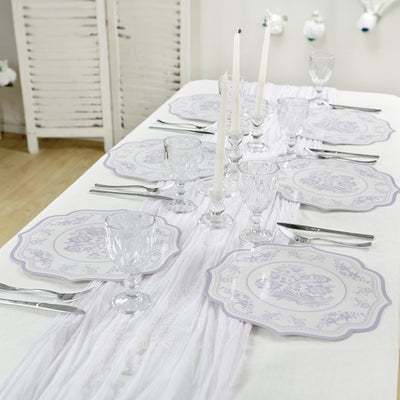 10-Pack Disposable Table Placemats 13" White with Lavender Damask Floral Pattern & Scalloped Rim - 400GSM Cardboard Placemats for Classy Events
