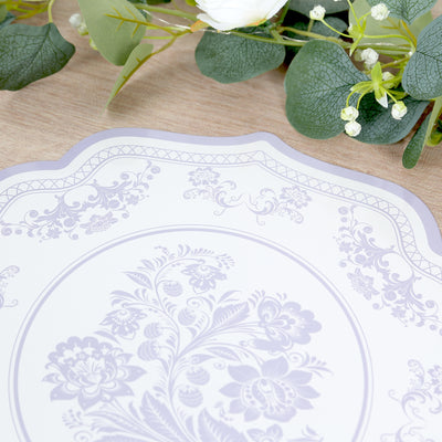 10-Pack Disposable Table Placemats 13" White with Lavender Damask Floral Pattern & Scalloped Rim - 400GSM Cardboard Placemats for Classy Events