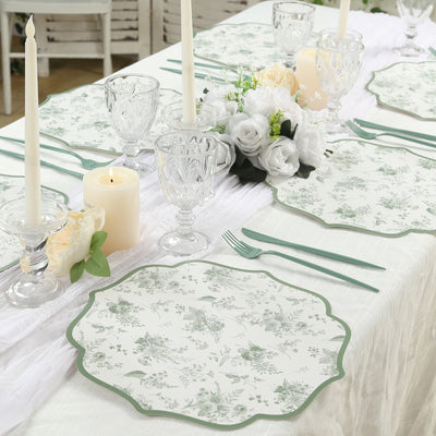 10-Pack Disposable Table Placemats 13" White with Sage Green French Toile Pattern & Scalloped Rim - 400GSM Cardboard Placemats for Classy Events