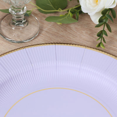 25-Pack Disposable Round Charger Plates 13" Lavender Lilac Sunray Design with Gold Rim - 350GSM Heavy Duty Paper Placemats