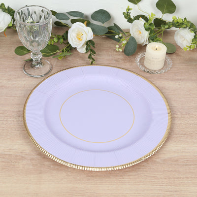 25-Pack Disposable Round Charger Plates 13" Lavender Lilac Sunray Design with Gold Rim - 350GSM Heavy Duty Paper Placemats