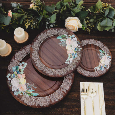 25-Pack Disposable Round Charger Plates 13" Brown Rustic Wood Print with Floral Lace Rim - Sturdy Paper Chargers for Rustic & Boho Themed Events