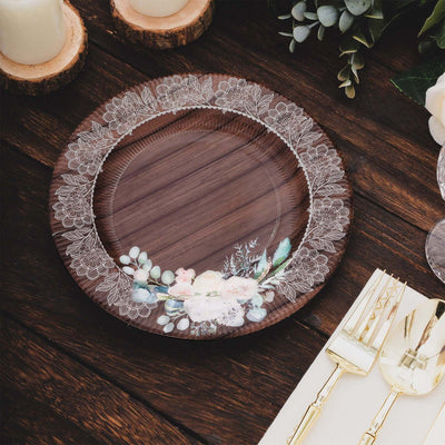 25-Pack Disposable Round Charger Plates 13" Brown Rustic Wood Print with Floral Lace Rim - Sturdy Paper Chargers for Rustic & Boho Themed Events