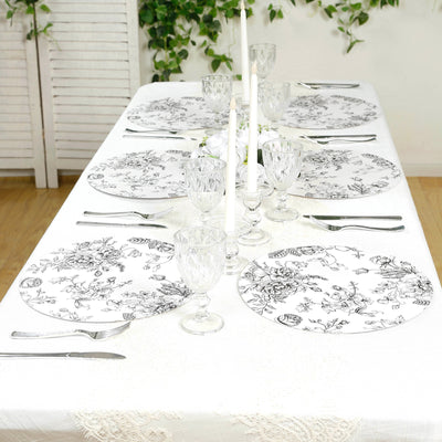 10-Pack Disposable Table Placemats in French Toile Print 13" in Matte White/Black - Classy Cardboard Placemats for Dinner Parties & Banquets